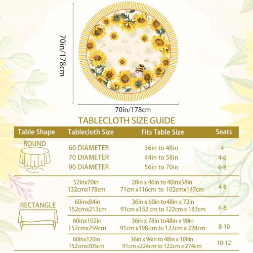 Sunflower Round Tablecloth 60 Inch - Summer Dining Decor, Wrinkle-Resistant