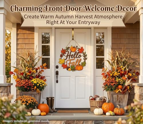 Wooden Hello Fall Door Sign - Rustic Autumn Wreath Wall Hanging - Single-Sided