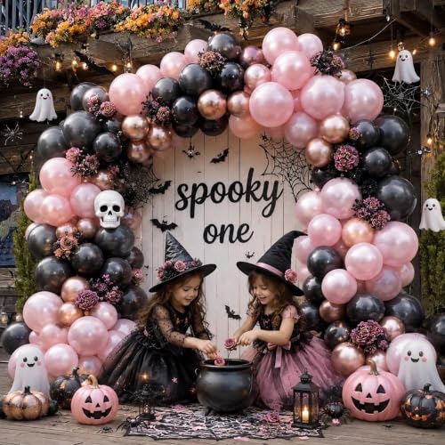 Pink Black Balloon Arch Kit - Double Stuffed Pastel Pearl & Gold Balloons for Birthday, Wedding, Baby Shower, Halloween - Variation: Pink Black