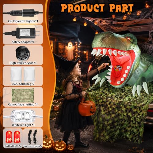 Halloween Inflatable T-Rex Car Decor Kit with LED Lights and Interactive Candy Pouch - 4FT