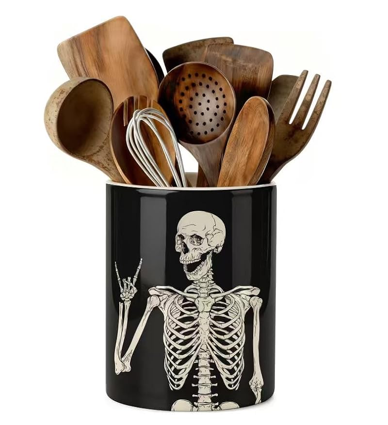 Skull Ceramic Kitchen Utensil Holder - Edgy Skull Design for Countertop, Rustic Farmhouse Decor