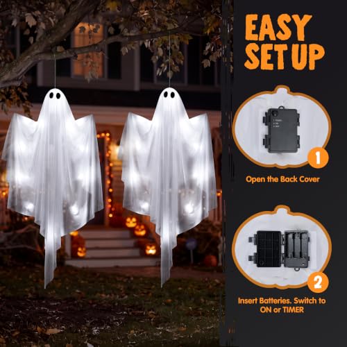 Halloween Light-Up Flying Ghost Decorations - 2 Pcs, 47 Inch, Cold White, Outdoor Indoor Haunted House Prop