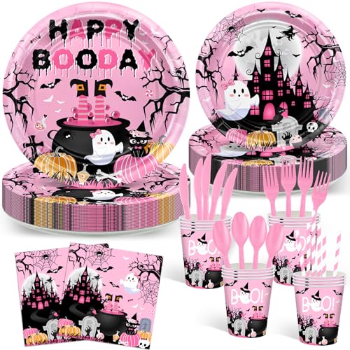 Pink Halloween Birthday Party Plates Napkins Cutlery Set for Kids - 192 Pcs