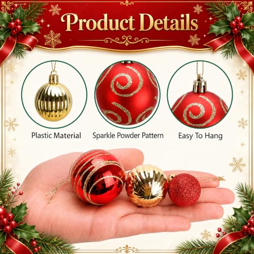 Deloky 112Pcs Red and Gold Christmas Ball Ornaments Set - Small Holiday Baubles, Shatterproof Decorations, 3 Sizes - Variation: Red & Gold