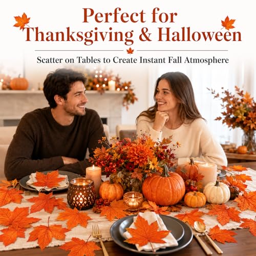 Artificial Fall Maple Leaves - 40pcs Autumn Leaves for Thanksgiving & DIY Decor - Orange, Realistic Design