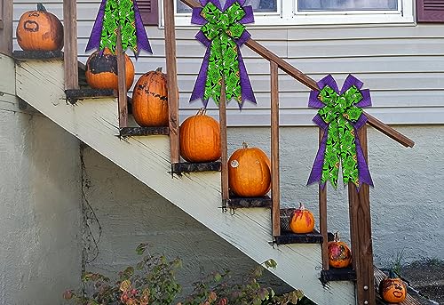 Large Halloween Burlap Green Pumpkin Wreath Bow with Spider Web Purple Bows