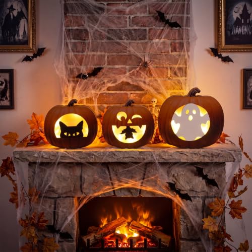Halloween Lighted Pumpkin Table Decor Set with Ghost Cat Bat - Pinkunn