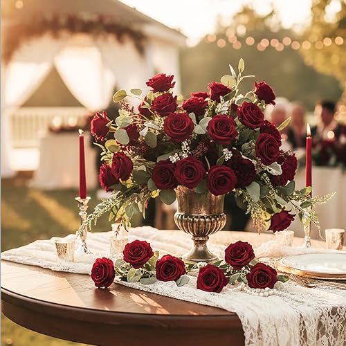 Artificial Burgundy Roses Bulk - 60 Silk Fake Flowers for Weddings & Decor - Wine Red