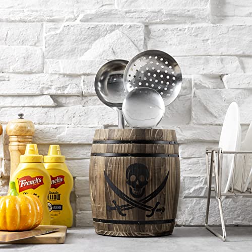 Pirate Rum Cask Utensil Crock with Burnt Wood & Pirate Pattern Variation