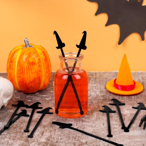 Black 5.9 Inch Halloween Witch Hat Cocktail Stir Sticks - 30pcs Reusable Acrylic Drink Picks