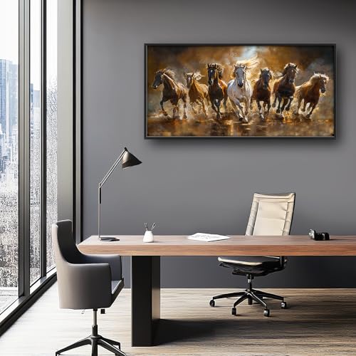 Horse Wall Art Lucky 7 Seven Running Horses Canvas Print Framed Decor - 60x30 Variation of 7 Horses-2