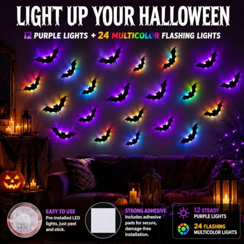 36 Pack LED Halloween Wall Decor Bats - 3D Light Up Wall Stickers, Reusable Spooky Decorations