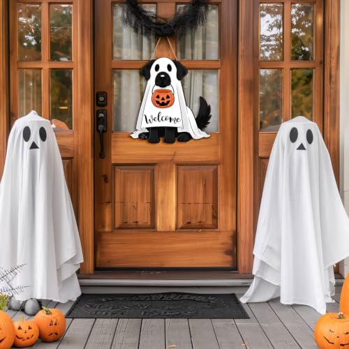 Halloween Ghost Dog Wreath Door Sign - Welcome Halloween Decoration
