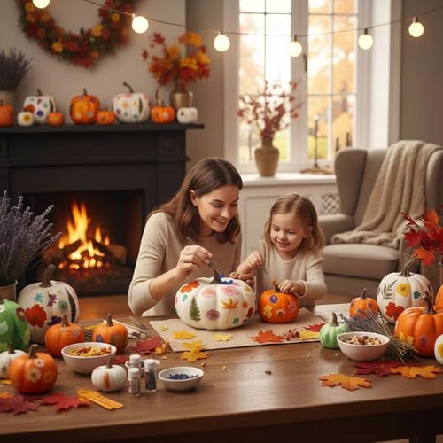 Fall Craft Pumpkin & Dried Flower DIY Kit - Orange White Green, 12 Pcs