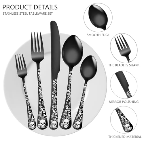 Halloween Skeleton Skull Silverware Set for 4 - Black Flatware Cutlery