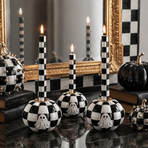 Halloween Black and White Checkerboard Candle Holder Set - Ghost Pumpkin Decor