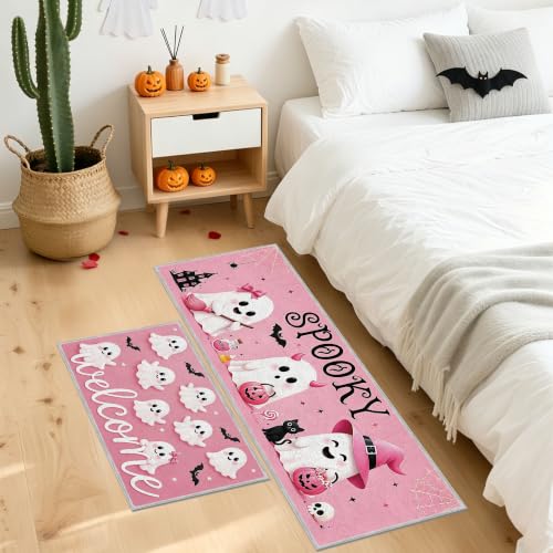 Pink Halloween Ghost Kitchen Rugs Set — 3 Pieces, 16x28 & 16x47 Inches, Ghost & Pumpkin Decor, Seasonal Floor Mat