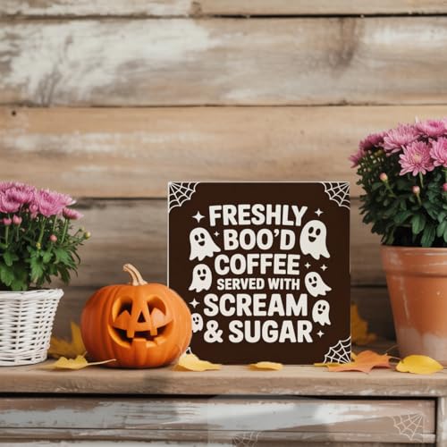 Halloween Coffee Decor Sign - Freshly Coffee Ghost 5x5 Inch Home Office Desk Shelf Decoration