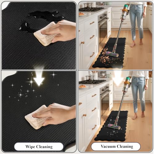 KIMODE Anti-Fatigue Kitchen Mats Set - Black Wavy 17.3x47 & 17.3x29 Inches