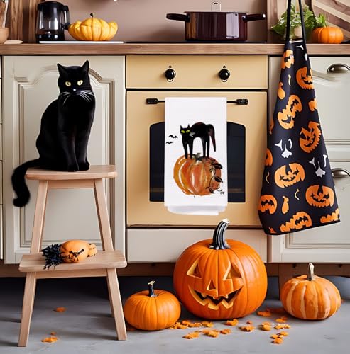 Halloween Kitchen & Bath Towels - Black Cat & Pumpkin Decor, 16x24 Inches - Fall Black Cat Variation