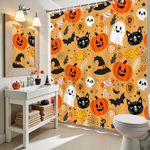 Halloween Shower Curtain 72x72 Inch - Cute Orange Bat Theme Waterproof Polyester
