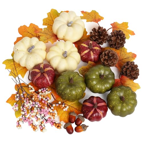 Autumn Pumpkin Decor Set - Green, Beige & Dark Brown 32 Pcs Thanksgiving Home Accent