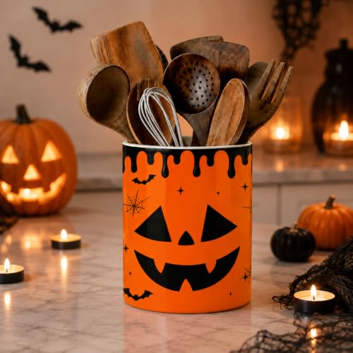 Halloween Utensil Holder with Pumpkins, Ceramic Kitchen Counter Organizer - Orange, 6 Inches