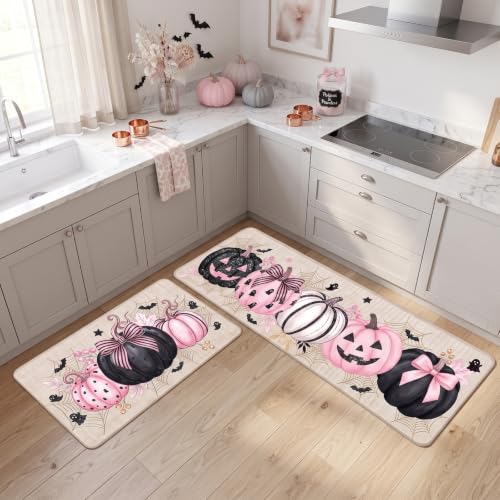 Pink Pumpkin Halloween Kitchen Mats Set of 2 - Feminine Fall Rugs