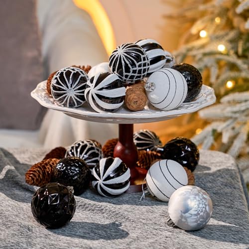 Christmas Ornaments Set - 16 Black & White Shatterproof Balls for Xmas Tree Decoration