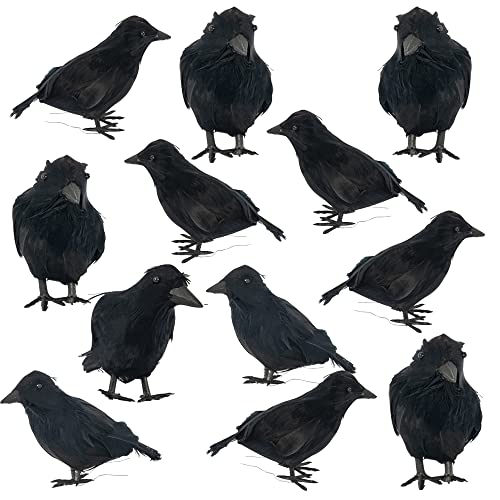 Halloween Black Feathered Crows Decor 12 Pack - Indoor Outdoor Yard Garden Party