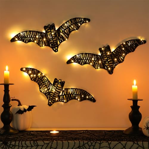 Large 3-Pack Indoor Bat Wall Decor with Lights - Spooky Halloween Decorations