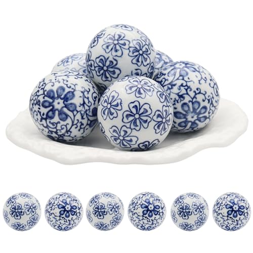 Blue & White Ceramic Decorative Balls Set - Chinoiserie Style for Centerpieces & Vases - 6 Pieces