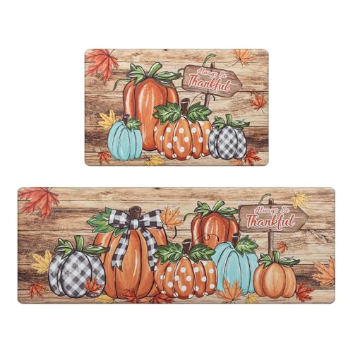 Fall Kitchen Mat with Pumpkin Pattern - Brown Pumpkin Variation, Anti-Fatigue, Waterproof, 17x48 inches