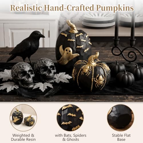 Halloween Pumpkin Decor Set - Black & Gold Resin Pumpkins with Spider Web Ghost Bat E