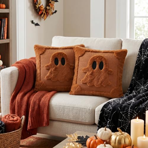 Halloween Ghost Caramel Throw Pillow Covers 18x18 Inch Set of 2 - Spooky Plush Faux Fur Decor