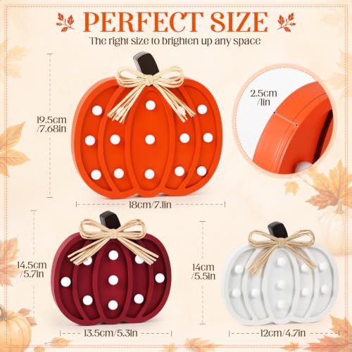 Novabright 3-Piece Fall Wooden Pumpkin Decor Set - White, Orange, Brown, 4in+6in+8in with LED Lights