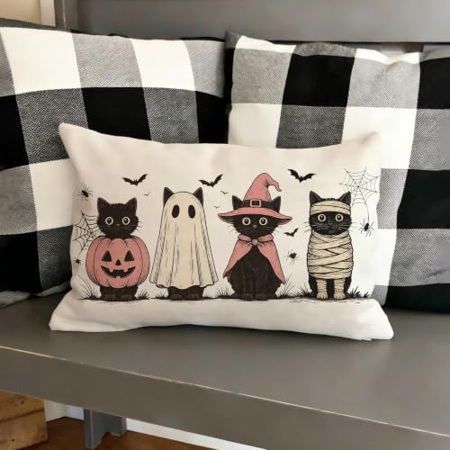 Halloween Pillow Cover 12x20 Black Cats Bats Autumn Decor - Pink & Black Variation