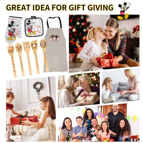 Gray Wooden Cooking Spoon Set with Apron & Oven Mitt - Kitchen Utensils & Gifts