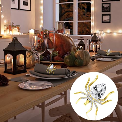 Halloween Spider Napkin Rings Set - Rhinestone Metal Table Decor, 6 Pieces