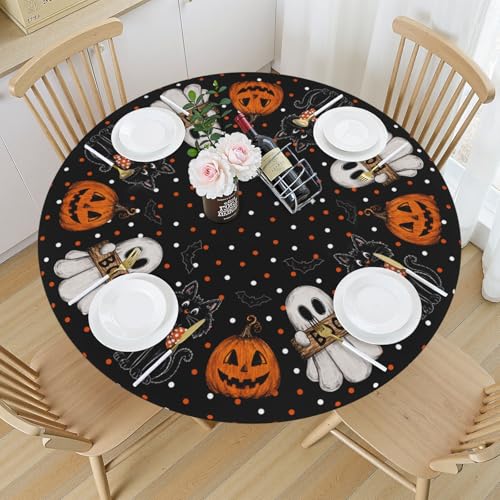 Halloween Polka Dot Round Fitted Tablecloth with Elastic - Black & White Dot, 43 Inch