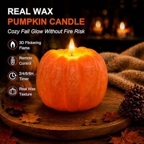 Large Flameless Pumpkin Candle - Real Wax Halloween Fall Decor, Orange