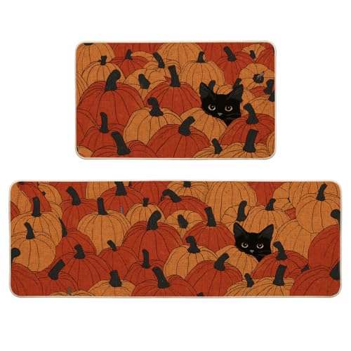 Black Cat Pumpkin Fall Kitchen Mats Set of 2 - Non-Slip Decorative Rug