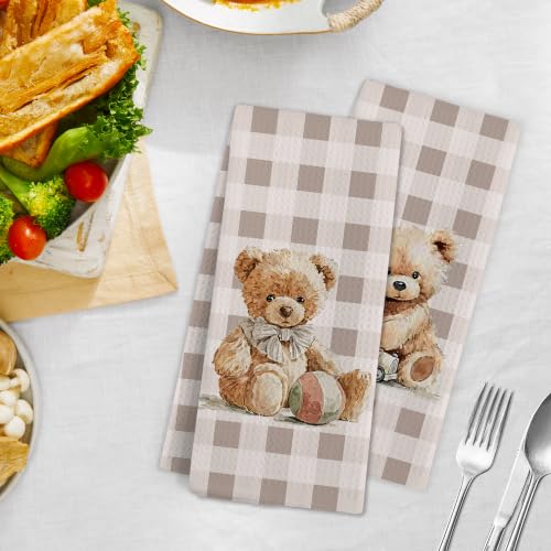 Checkered Rustic Bear Nursery Kitchen Towels Set of 2 - Neutral Baby Hand Towels