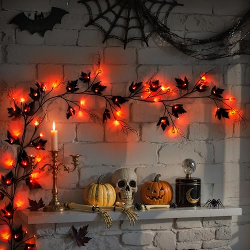 Halloween Garland with Orange LED Lights - 6.56 ft Lighted Vine Twig String Lights, 8 Modes & Timer, 12 Ornaments, Battery Operated, Indoor Decor - Orange