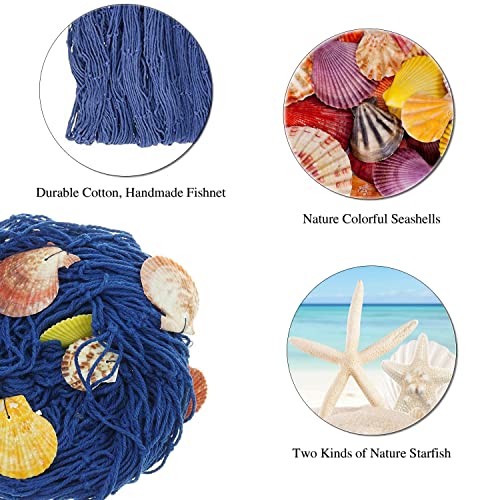 Large Blue Fish Net Wall Decoration with Colorful Sea Shells and Starfish - Mediterranean Nautical Style