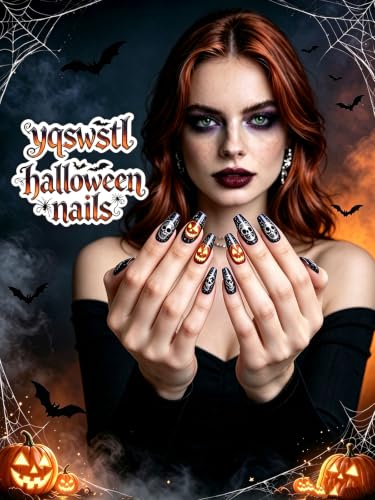 Halloween Press On Nails Set - Silver Skull Pumpkin Grimace 24PCS Multicolor-26