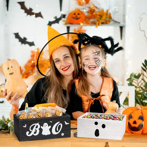 Halloween Candy Bowl Set with Boo Ghost Rustic Wooden Serving Dishes - Black & White, 2 Pieces