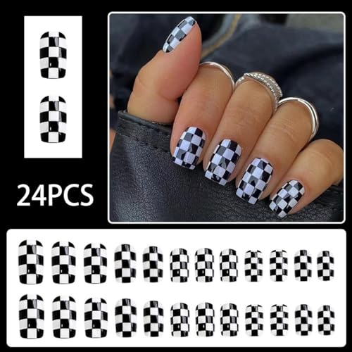 Short Press-On Nails Black and White Checkerboard Style19 - Fake Acrylic Square False Nails for Women Girls