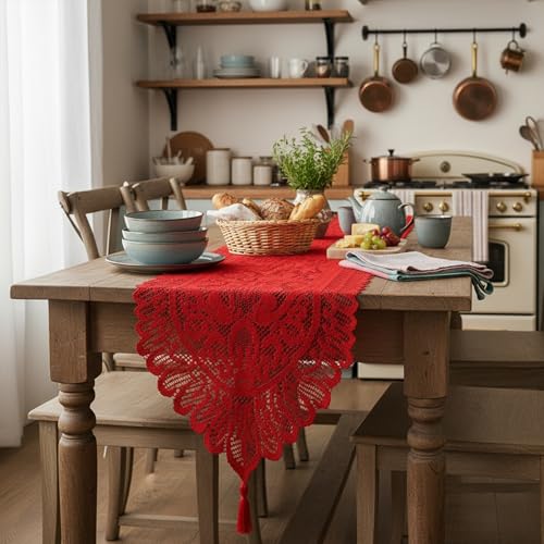 Red Lace Table Runner for Christmas Party & Wedding Decor - 13x70 Inches