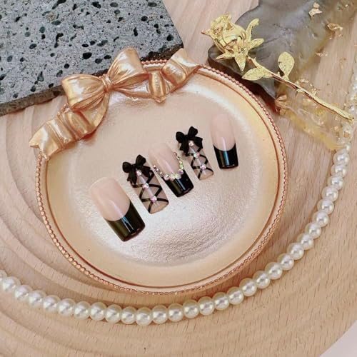Colorful French Tip Press On Nails Medium Long Bling Rhinestone Bow 3D Bow Artificial Nails - 24pcs - Bow Ties